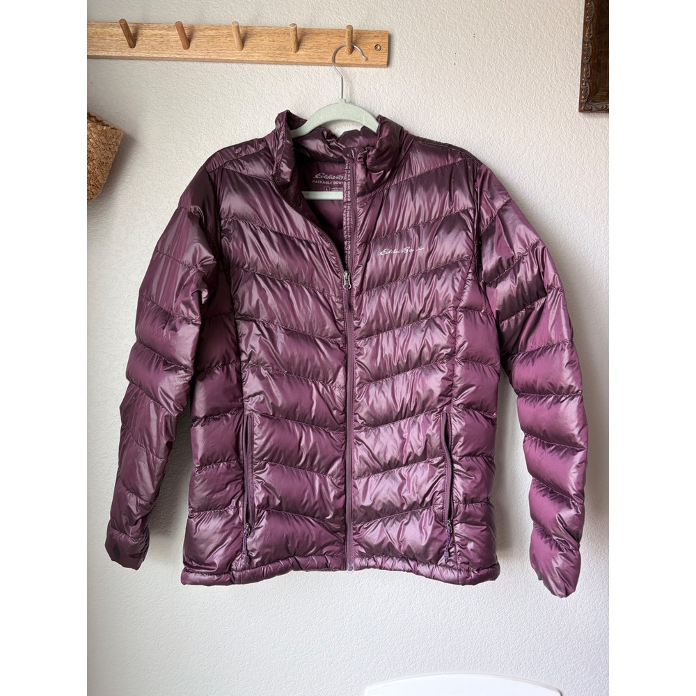 Eddie Bauer Womens Packable Down Jacket Purple Metallic Puffer Full Zip Large